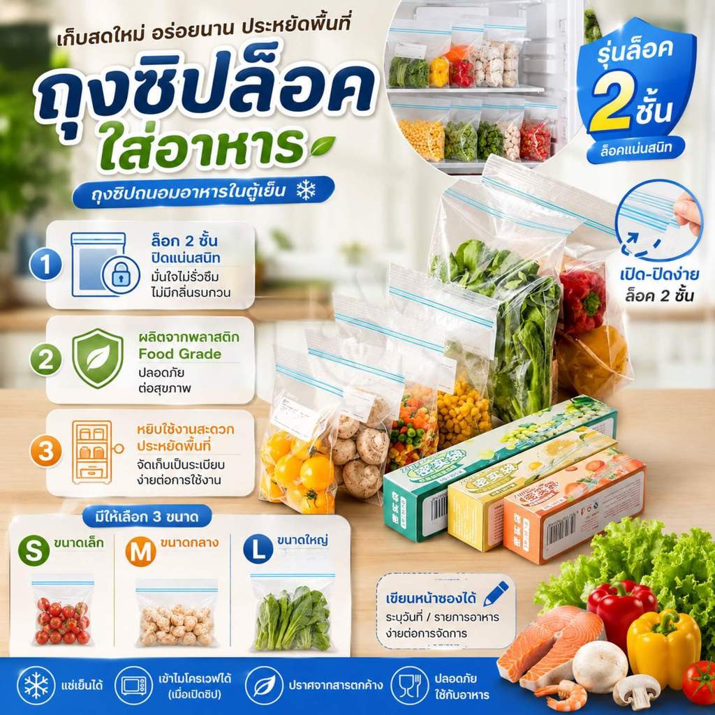 🌟ส่งด่วน🌟 ถุงซิปล๊อคใส่อาหาร ถุงซิปล็อคใส รุ่นล๊อค 2 ชั้น เขียนชื่อได้ ถุงซิปถนอมอาหารในตู้เย็น มี 3 ขนาด