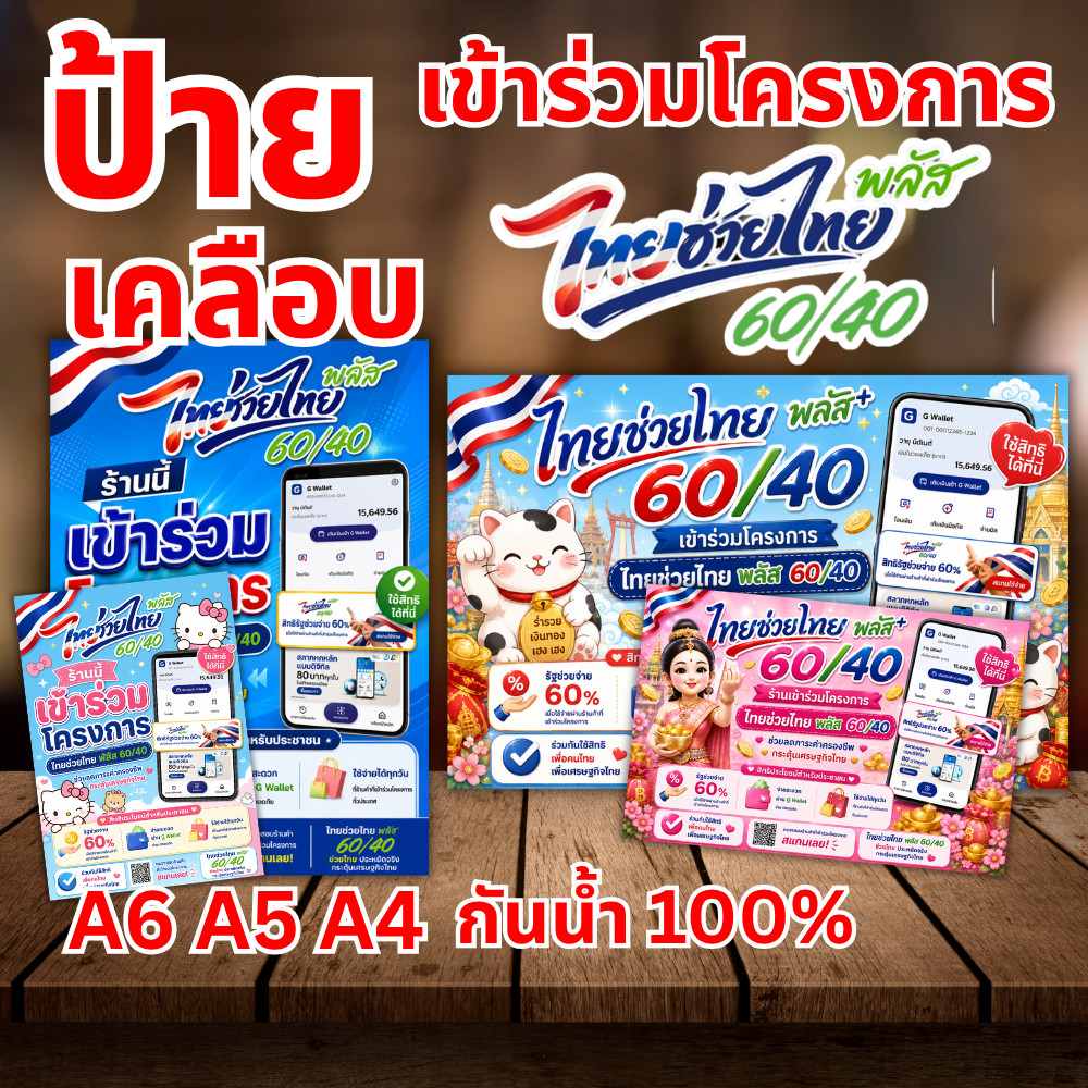 ป้ายไทยช่วยไทย พลัส+ แบบมีข้อห้าม แนวตั้ง เคลือบพลาสติก ป้ายร่วมโครงการ ป้ายเคลือบสำเร็จรูป ขนาด A6 A5 A4
