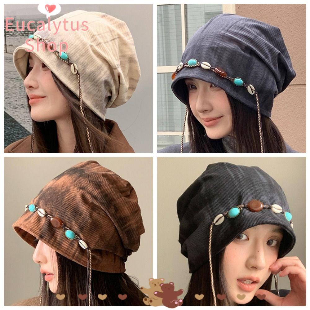EUCALYTUSS Baggy Cap,ประดับด้วยลูกปัดสไตล์ชาติพันธุ์หมวกซ้อน,อเนกประสงค์สไตล์โบฮีเมียนโพลีเอสเตอร์ให้อบอุ่น Beanies หมวกสําหรับผู้หญิงและสาว