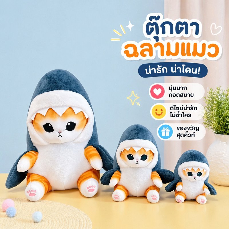 ตุ๊กตาฉลาม หมอนตุ๊กตา ตุ๊กตาพลัช นุ่มนิ่ม ผ้าฝ้ายพีพี ของขวัญเด็ก ของเล่นน่ารัก ห้อยกระเป๋า