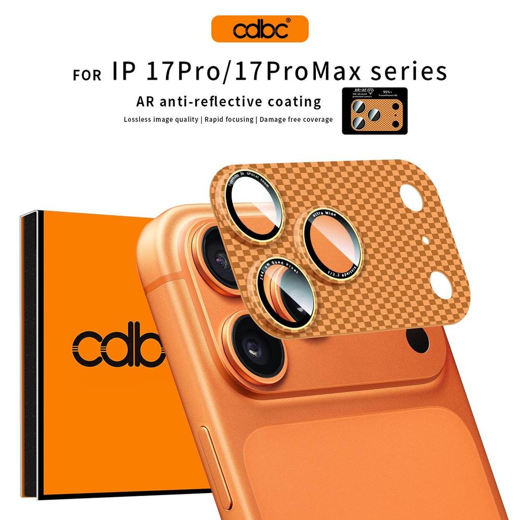 CDBC คาร์บอนไฟเบอร์ Checkerboard กล้องเลนส์ Protector สําหรับ iPhone 17 Pro / 17 Pro Max, AR + AF HD กระจกนิรภัยโปร่งใส, 360° การ์ดเลนส์กันรอยแบบเต็ม