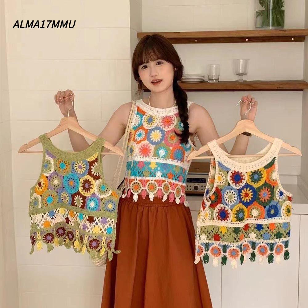 ALMA17MMU เสื้อครอปสตรี,แขนกุดสั้นถักเสื้อกั๊ก,Bohemian O-คอโครเชต์พู่แขนกุด Cami