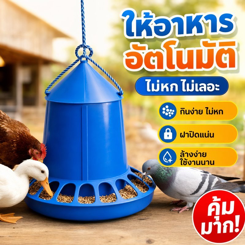 ถังอาหารไก่ เครื่องให้อาหารไก่ อัตโนมัติ รางอาหารนกพิราบ กันหก กันรั่ว พลาสติก ฟาร์ม เลี้ยงสัตว์