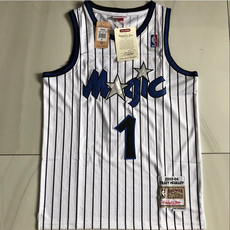 Orlando Magic 1 Tracy McGrady ไม้เนื้อแข็งคลาสสิกเสื้อเจอร์ซีย์สีขาว/กางเกงขาสั้น