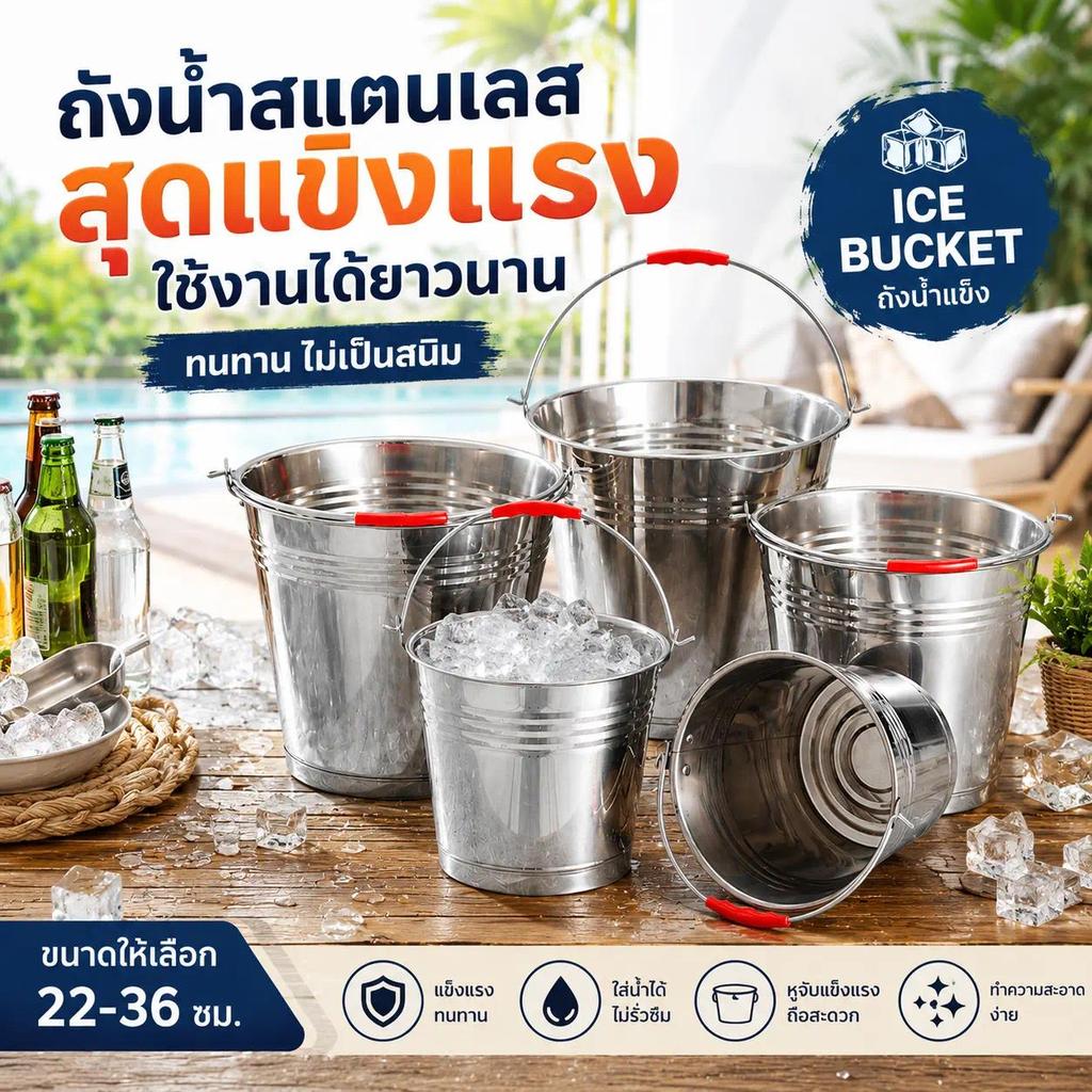 ถังน้ำสแตนเลสหนาพิเศษ ถังใส่น้ำแข็ง มีหูหิ้ว จับถนัดมือ ทำความสะอาดง่าย ใช้ในบ้าน ร้านอาหาร แคมป์ปิ้ง