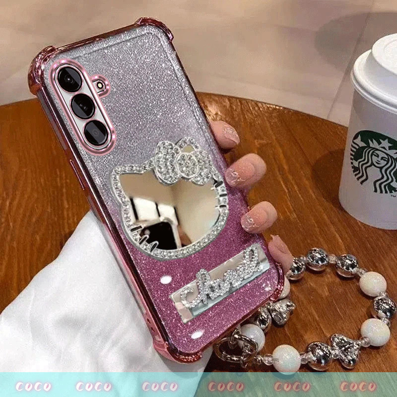 SAMSUNG เคสสําหรับSamsung Galaxy A56 A16 5G A26 A17 A37 A57 A36 สี่มุมเคสโทรศัพท์กันกระแทก 3Dน่ารักเพชรแมวกระจกแต่งหน้าวงเล็บพับได้พร้อมสร้อยข้อมือกรณีนุ่ม