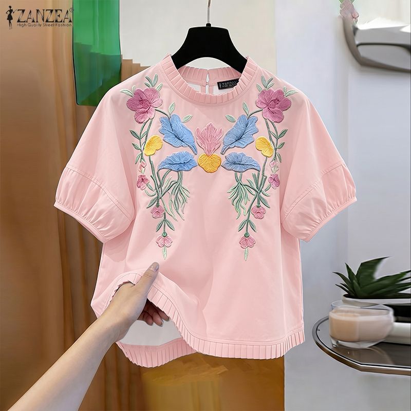 ZANZEA เสื้อเบลาส์ลายดอกไม้แขนพัฟแขนสั้นพิมพ์ลายเกาหลีสําหรับผู้หญิง — صورة 5