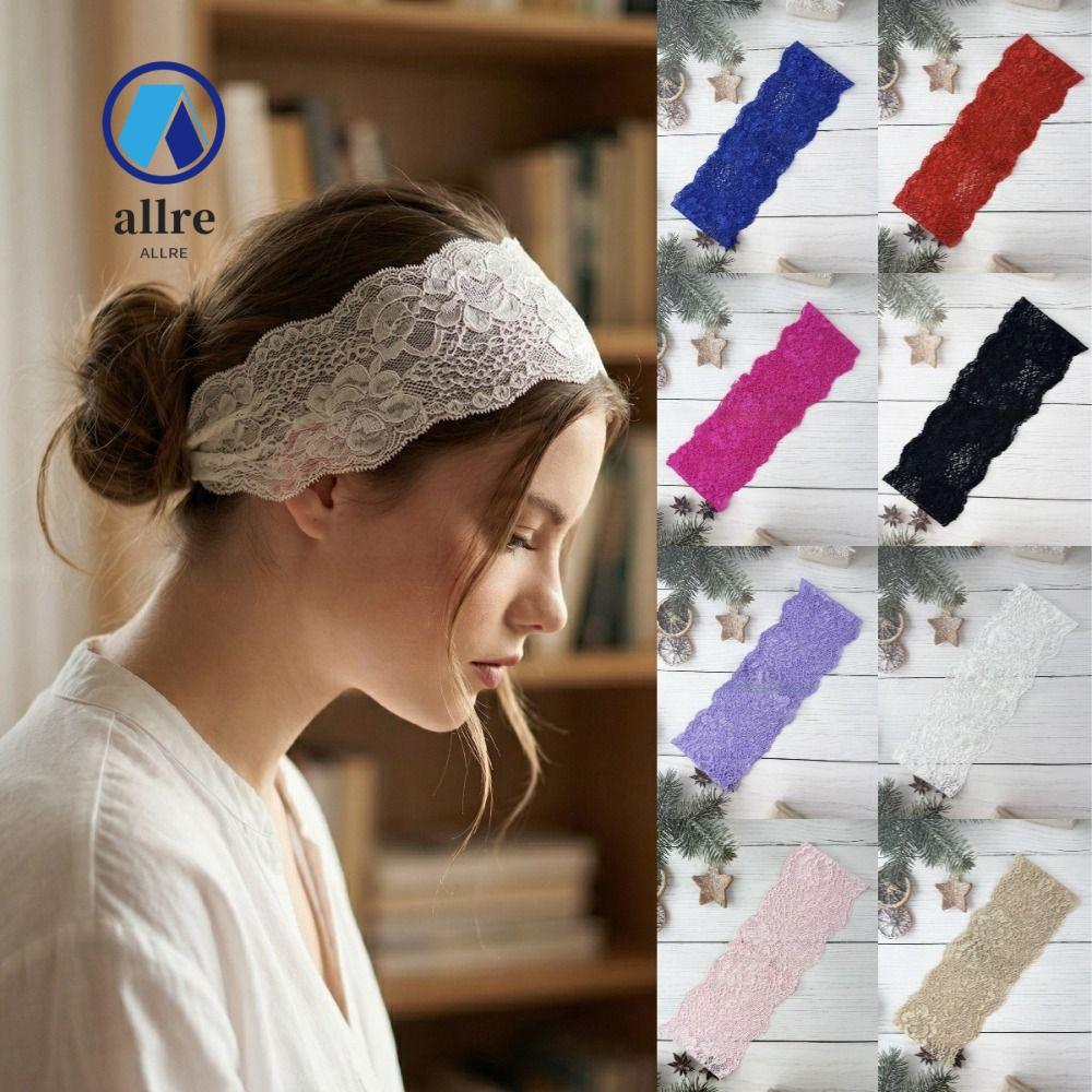 ALLRE ตาข่ายลูกไม้แถบคาดศีรษะ, Hollow-Out Elegant Lace Headscarf, แฟชั่นสีทึบ Breathable Elastic Headwrap หมวก Lady Girls Headwear