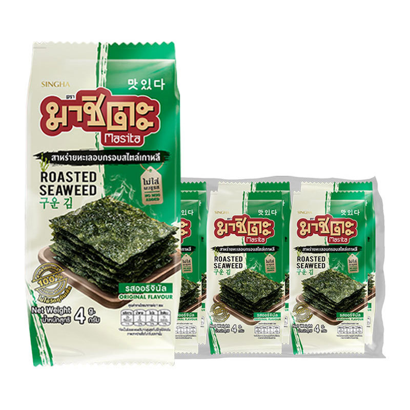 มาชิตะ สาหร่ายทะเลอบกรอบเกาหลี รสออริจินัล 4 ก. 6 ซอง (MASITA Roasted Seaweed Original Flavour 4 g 6 pcs)