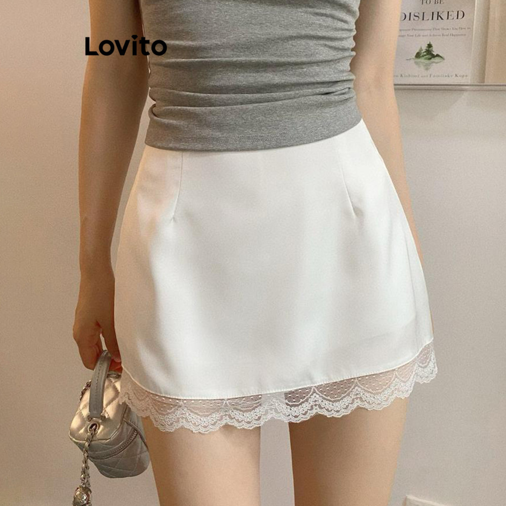 Lovito x Poppy กระโปรงสีพื้น กระโปรงลูกไม้สําหรับผู้หญิง LNA70680