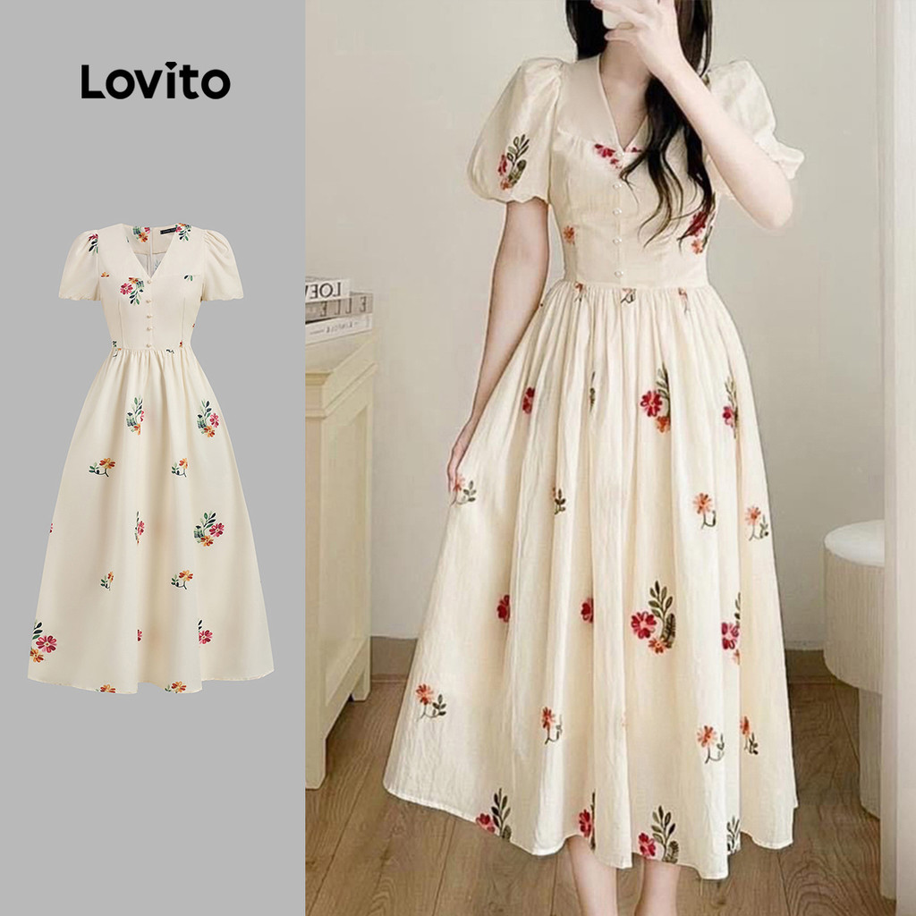 Lovito แพทเทิร์นชุดเดรสผู้หญิงลําลอง กระดุมฤดูใบไม้ผลิ/ฤดูร้อน L178ED250