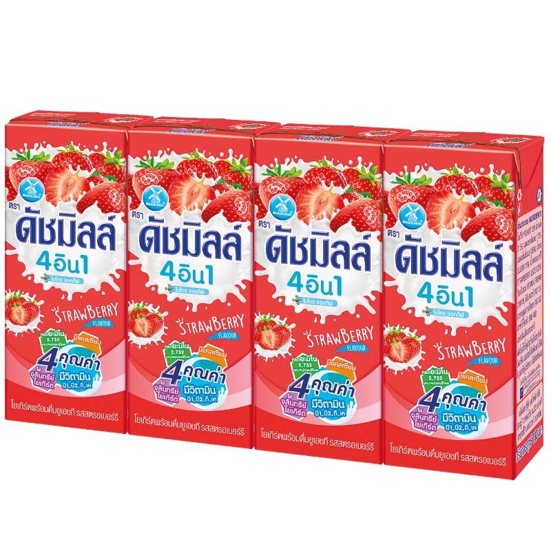 ดัชมิลล์นมเปรี้ยวยูเอชทีรสสตรอว์เบอร์รี่ 165มล. แพค4 DutchMill Strawberry 165ml X4 [หมายเลขบาร์โค้ด 8851717049019 ]