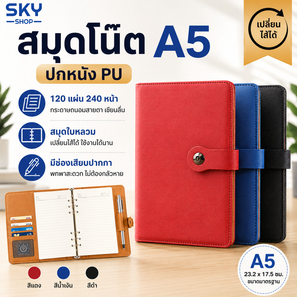SKY สมุดโน๊ต A5 ปกหนัง PU สมุดบันทึก สมุดใบหลวม 120 แผ่น 240 หน้า เปลี่ยนไส้ได้ สมุดจดบันทึก Notebook Journal