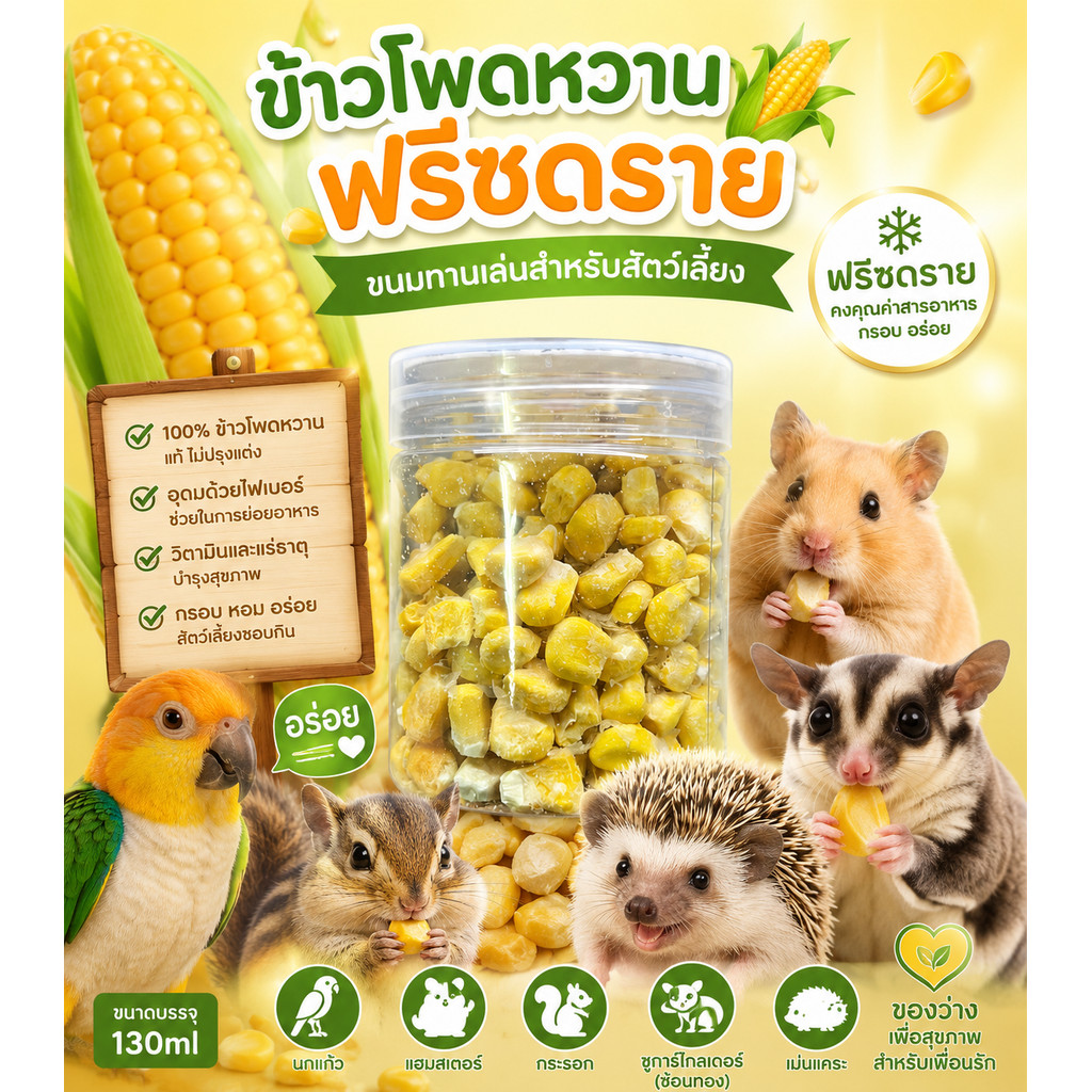 Hambit. ข้าวโพดหวานฟรีซดราย 130ml ขนมสัตว์เลี้ยง 100% ธรรมชาติ สำหรับแฮมสเตอร์ นกแก้ว ชูการ์ไกลเดอร์ กระรอก เม่นแคระ