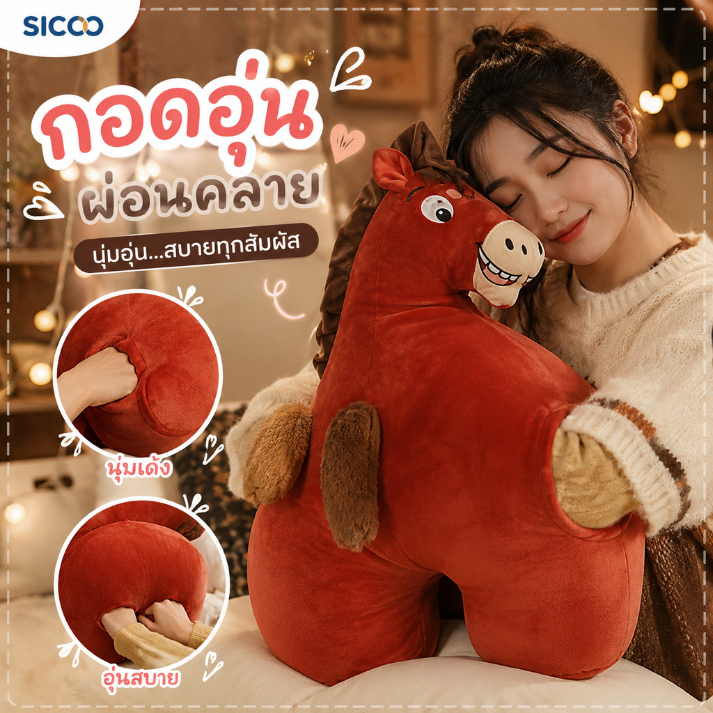 หมอนอิงหนังม้าทำมือนุ่มน่ารัก ของเล่นม้านุ่มอุ่น ตุ๊กตาเด็กอุ่น พร้อมแฟนตัวต่อของขวัญสำหรับเด็ก ของขวัญวันคริสต์มาส