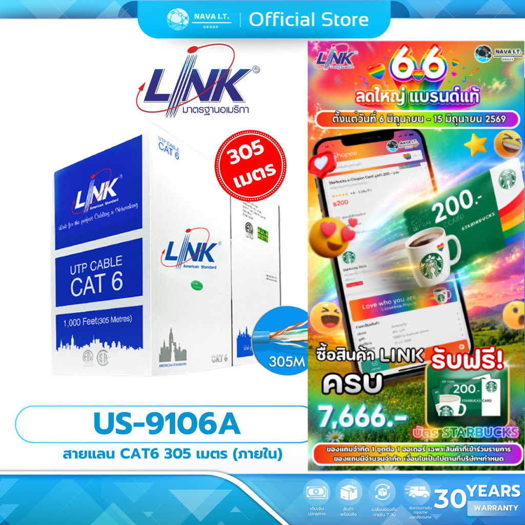 LINK US-9106A CAT6 UTP CABLE (305M/BOX) รับประกัน 30 ปี