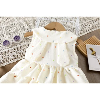 ชุดเดรสเค้กแขนกุดลายจุดเด็กผู้หญิงน่ารัก Peter Pan Collar Tiered ฤดูร้อน Casual Princ