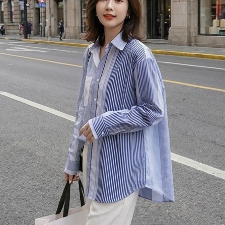 เสื้อเชิ้ตลายทางคอปกแขนยาว CTB2790 ทรงโอเวอร์ไซส์หลวมๆ ใส่ได้ทุกลุค ทั้งสายมินิมอลหรือสายออฟฟิต แมทช