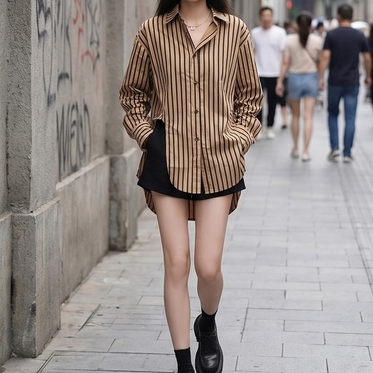 เชิ้ตคอปกสีน้ำตาลลายทาง💕 PKB2057 ลุค Working Woman ที่ไม่น่าเบื่อ! เพิ่มกิมมิคเว้าข้างสุดเก๋ ทรงสวยใ