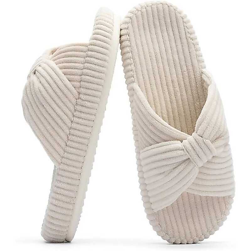 C Corduroy Bow Cross Band Slippers Wn Open Toe Indoor House Shoes Soft Non-Slip Slippers Bedroom Ba