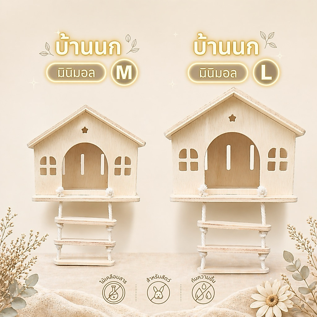 🇹🇭 งานไทยบ้านนกแก้ว ที่นอน ทำรัง บ้านไม้สัตว์เลี้ยง กระรอก ชูการ์ ขนาดเล็ก-ใหญ่พร้อมบันไดเชือก (บ้านสี่หน้าต่าง)