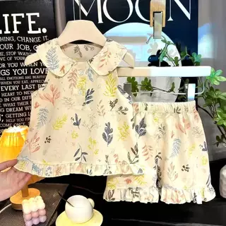 🕊️ชุดเซ็ตเด็กผู้หญิงฤดูร้อน แขนกุด+กางเกงขาสั้น คอปกมีหูกระต่ายไขว้หลัง เนื้อผ้า ใส่สบาย 🕊️