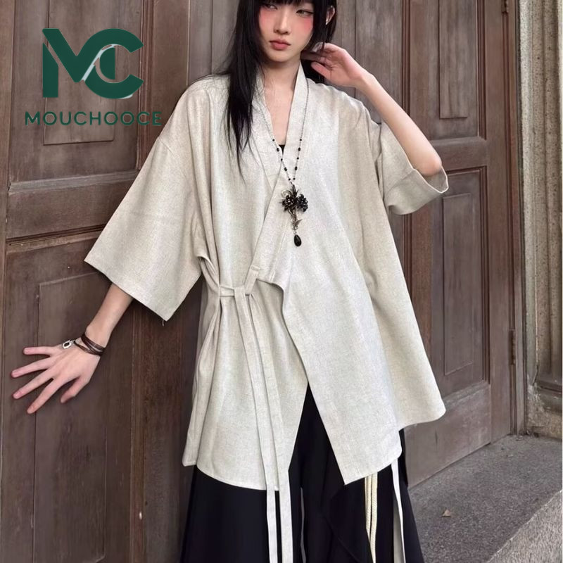 MouChooce เสื้อเชิ้ตผู้ชายแขนสั้นสไตล์จีนเสื้อคลุมลัทธิเต๋า Yamamoto Yohji คุณภาพสูงเป็นกลาง