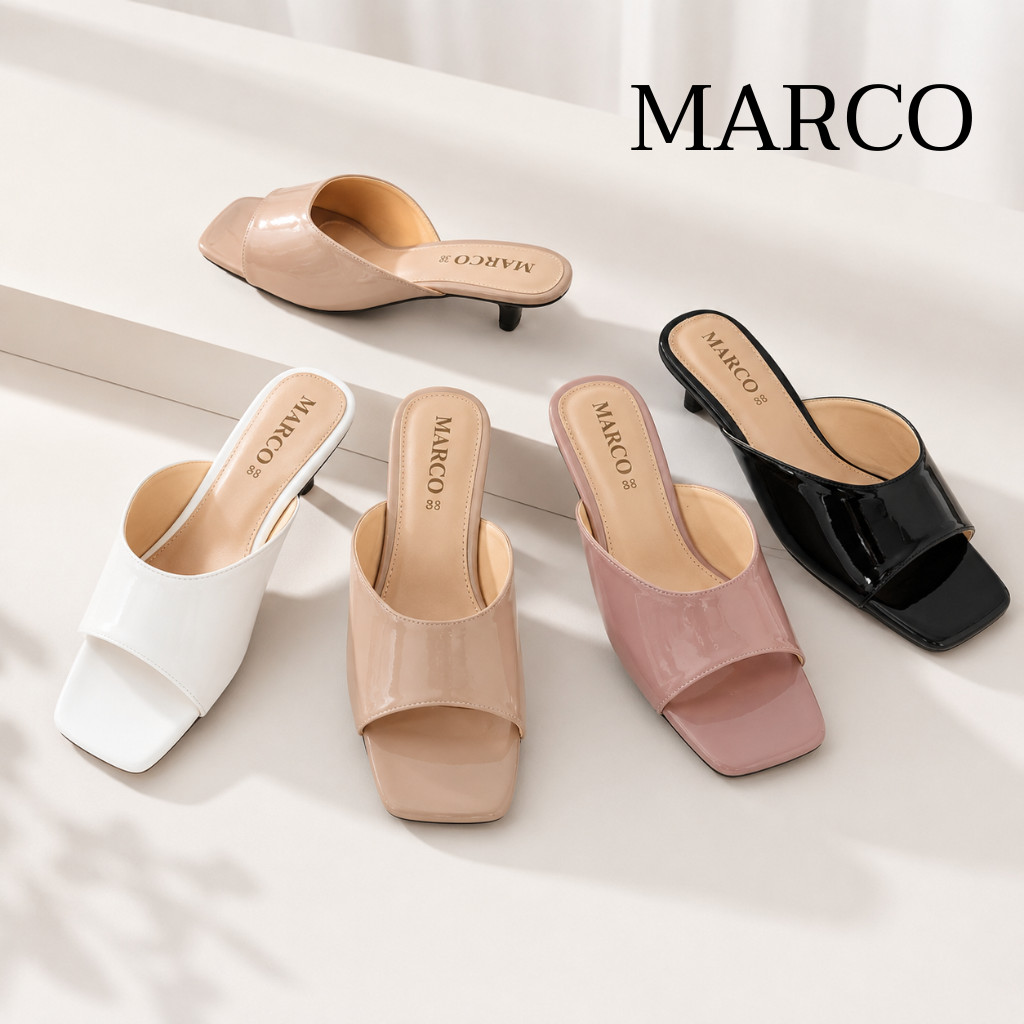 รองเท้าแฟชั่นแบรนด์ MARCO รุ่น A1095 รองเท้าส้นเตี้ยหัวเหลี่ยม หนังเงา สไตล์เกาหลี