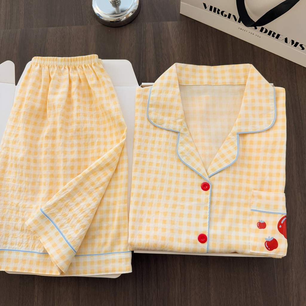 ฤดูร้อนกางเกงขาสั้นแขนสั้น Cloud Cotton Lapel ชุดนอนผู้หญิง Simple Comfort คาร์ดิแกน Hom