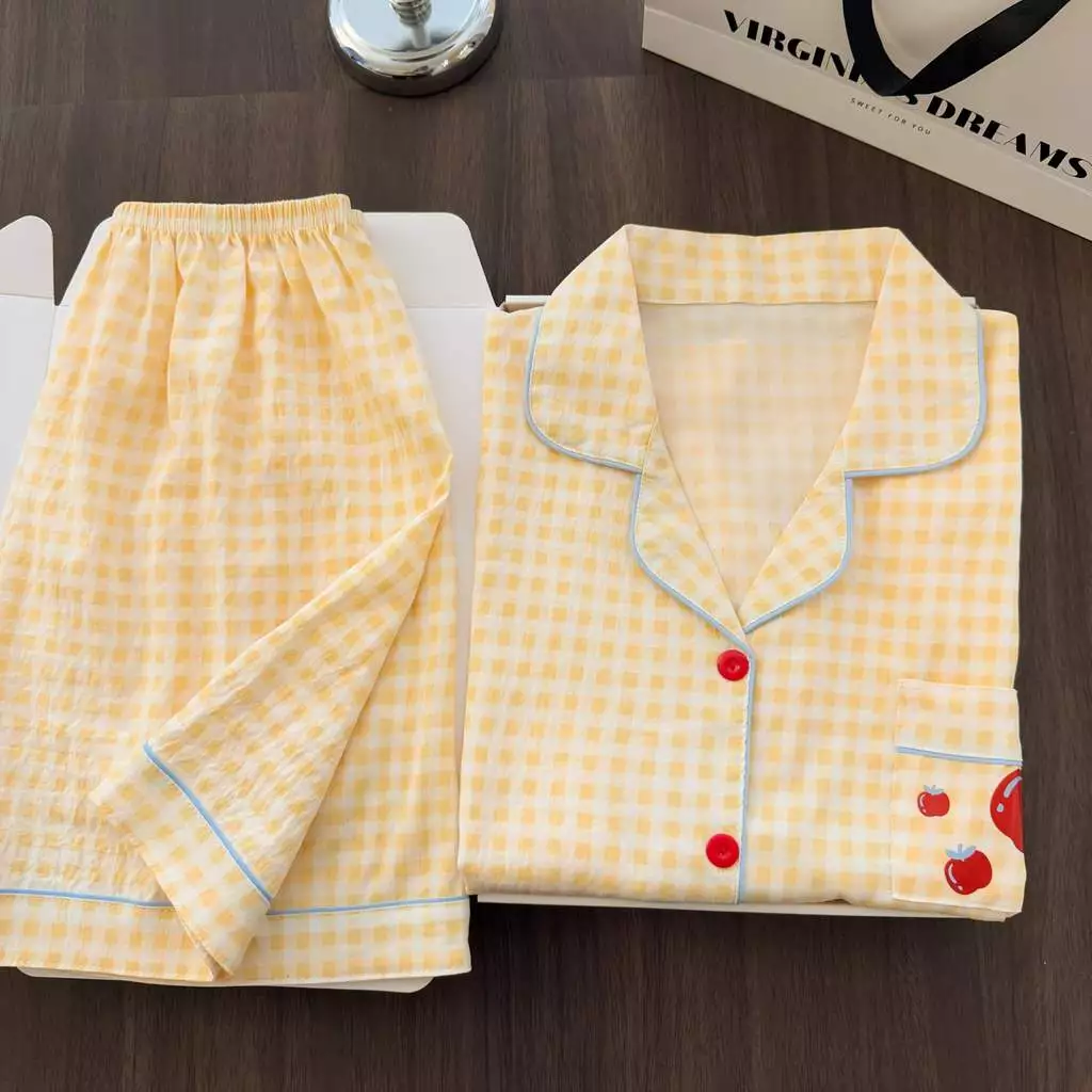 ฤดูร้อนกางเกงขาสั้นแขนสั้น Cloud Cotton Lapel ชุดนอนผู้หญิง Simple Comfort คาร์ดิแกน Hom