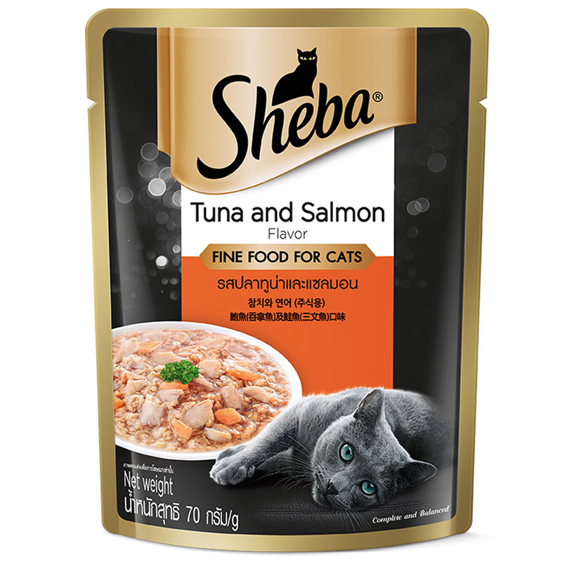 ชีบาสูตรแมวโตรสทูน่าและแซลมอนอาหารแมวพรีเมียมชนิดเปียกแบบซอง70ก Sheba Tuna Salmon 70g [หมายเลขบาร์โค้ด 9334214025001 ]