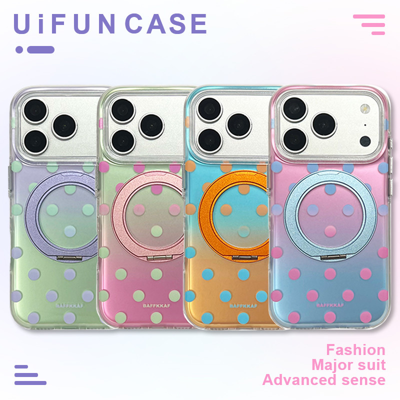 INS Polka Dot Gradient สี Matte เคสโทรศัพท์สําหรับ iPhone 17 16 15 Pro Max 16Pro Hard IMD กันกระแทกปกหลังหมุนพับ Kickstand โทรศัพท์มือถือ Shell
