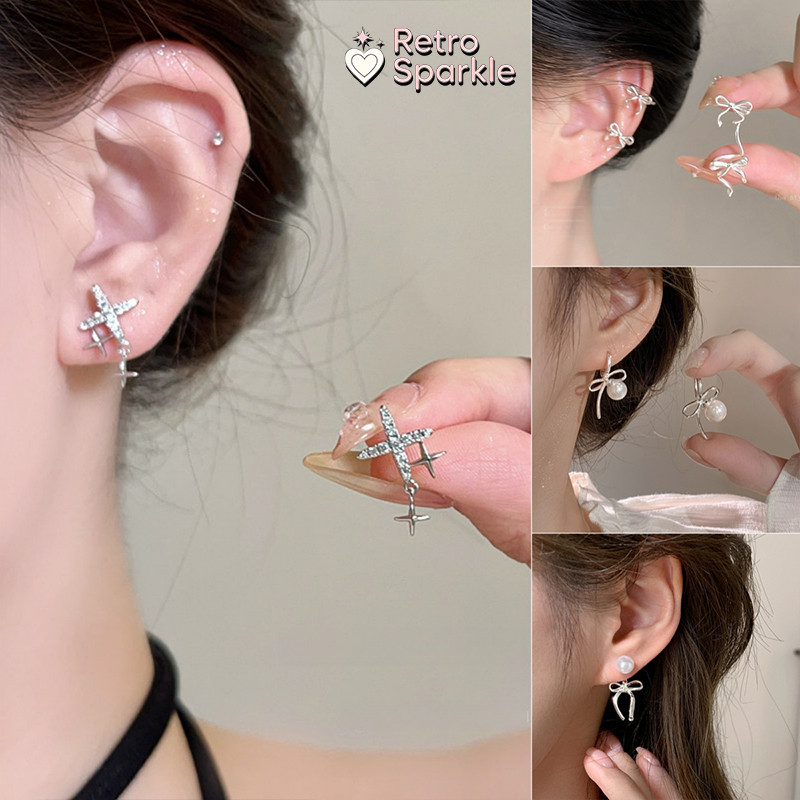 Retro Sparkle ประดับเพชร ต่างหู เครื่องประดับแฟชั่น เงิน สไตล์เกาหลี earring ลวดลายโบว์ ไข่มุก คุณภาพสูง ส่งไวจากไทย