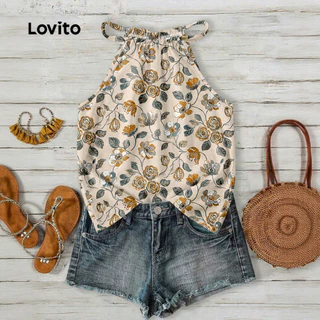 (New Arrival) Lovito เสื้อเบลาส์สไตล์โบโฮลายดอกไม้สําหรับวันหยุดพักผ่อน สไตล์ฤดูใบไม้ผลิ/ฤดูร้อนสําหรับผู้หญิง L196ED744