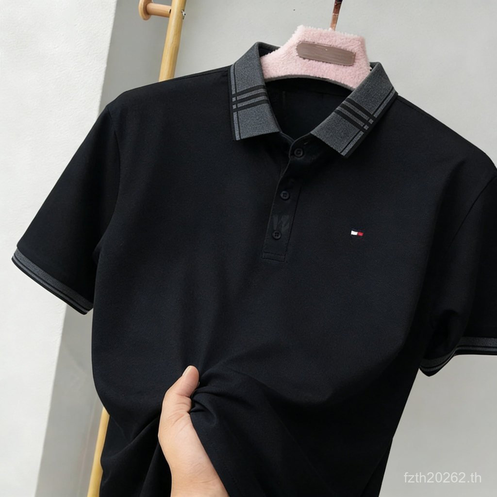 เสื้อโปโลแขนสั้นผู้ชายฤดูร้อน เกรดพรีเมียม ระบายอากาศดี สไตล์ธุรกิจ สีสันโทนเข้ม ใส่สบาย จับคู่ได้ทุกชุด