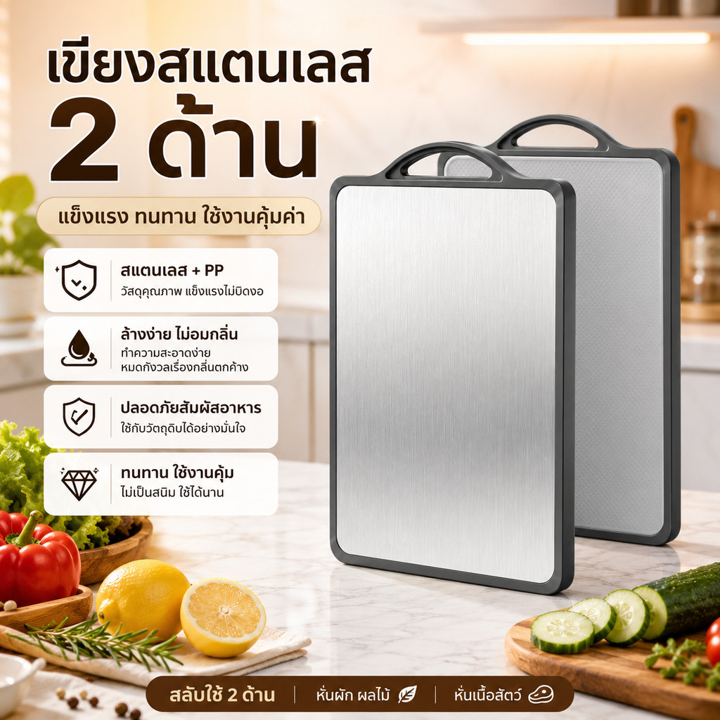 เขียงสแตนเลส 2 ด้าน พร้อม PP เขียงหั่นผักผลไม้เนื้อสัตว์ ล้างง่าย ไม่อมกลิ่น ทนทาน ใช้ในครัว