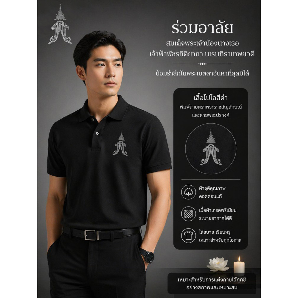 เสื้อโปโลสีดำลายไว้ทุกข์ (ออกแบบเป็นพิเศษเพื่อรำลึกถึงการสิ้นพระชนม์ของสมเด็จพระเจ้าปาจารกิติยาภา) S-3XL