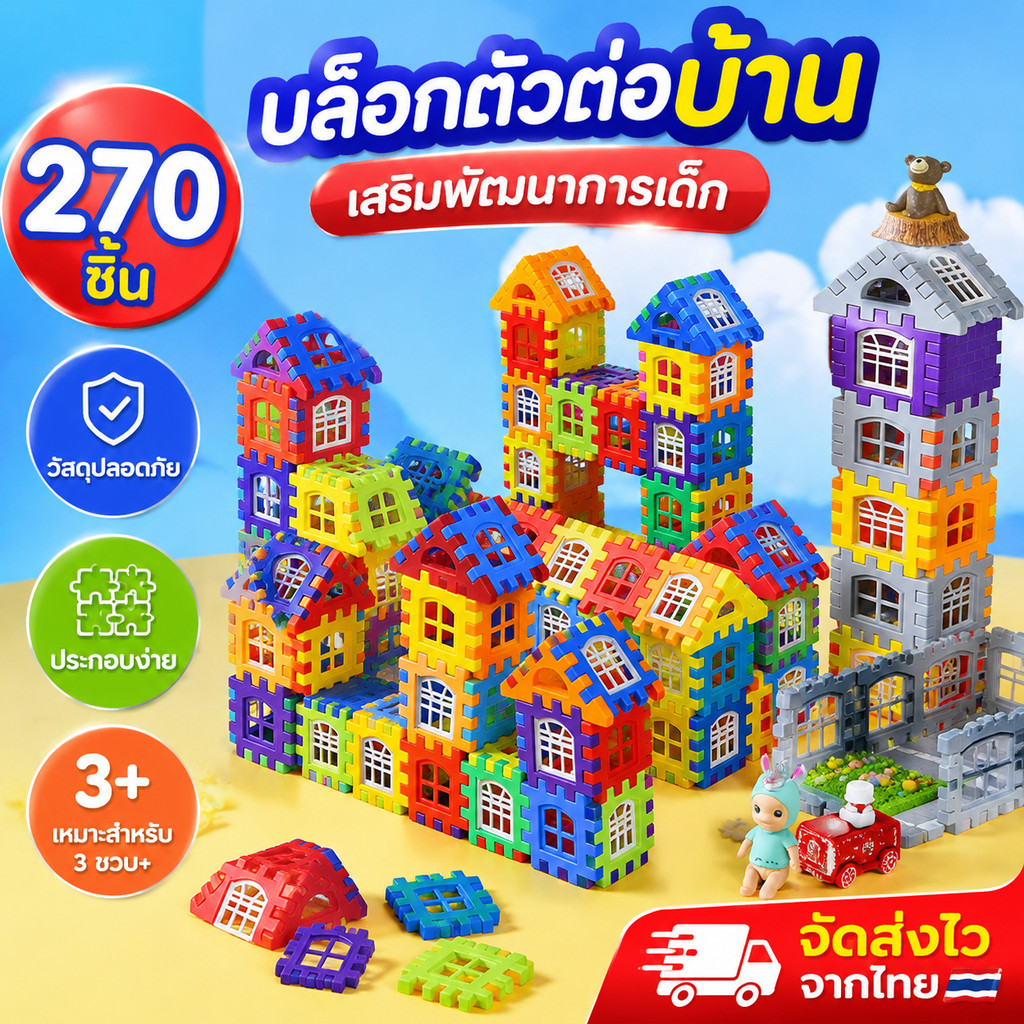 COD ของเล่นบล็อคตัวต่อ 270pcs เสริมสร้างสมาธิเด็กตัวต่อก่อสร้างประ กอบง่ายทำได้หลายรูปทรง