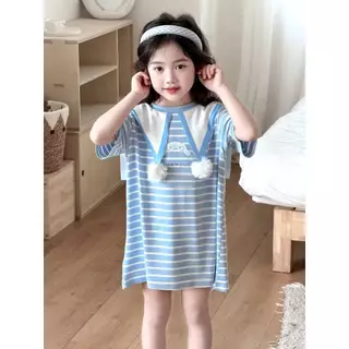 ชุดเดรสเสื้อยืดลายทางคอปก ลายการ์ตูนน่ารัก สวมใส่สบาย สำหรับเด็กผู้หญิง🍇