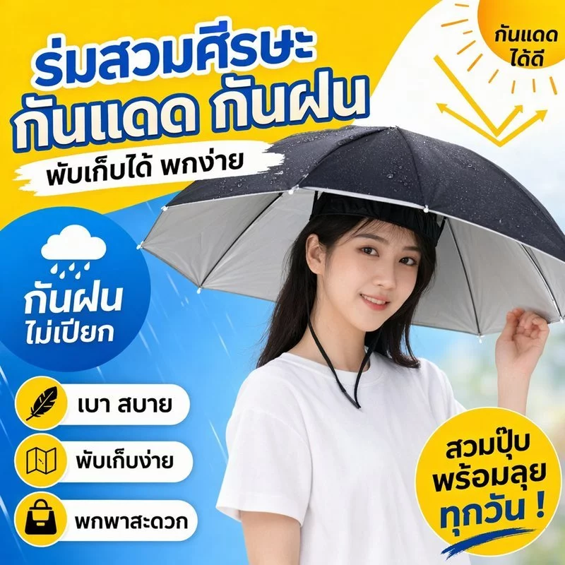 หมวกร่มกันแดด ร่มสวมศีรษะ กันยูวี กันฝน พับได้ น้ำหนักเบา ใช้กลางแจ้ง ตกปลา เดินป่า ผู้ใหญ่ เด็ก