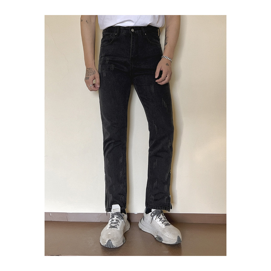 OKKO สินค้าอินเทรนด์ High Street กางเกงยีนส์ตรง ins อเมริกันแฟชั่น Slim-fit Casual ซิปกางเกงตรงผู้ชา