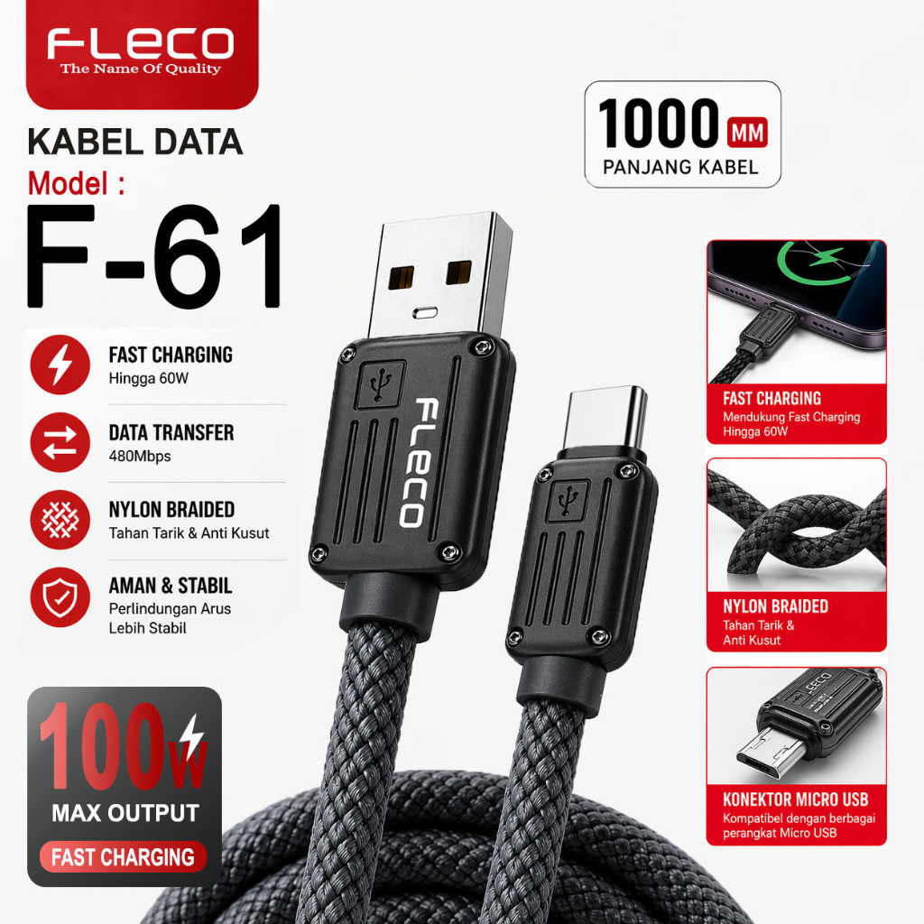 สายเคเบิลข้อมูลเร็วสุด ORIGINAL FLECO F-61 100W USB เป็น MICRO / Type-C สายชาร์จเร็ว F61