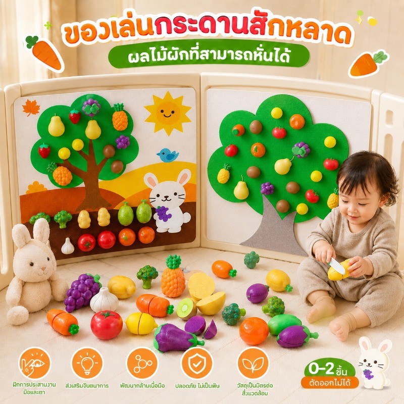 ของเล่นกระดานสักหลาด DIY เล่นจับคู่ ผลไม้ผักที่สามารถหั่นได้ เล่นจับคู่ ฝึกพัฒนาการ สำหรับเด็ก1-4ขวบ