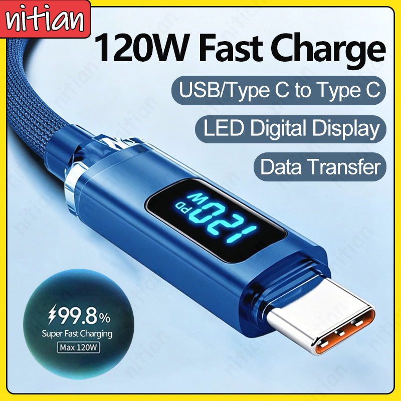 120W USB Type C Fast สายชาร์จ LED สมาร์ทจอแสดงผลโทรศัพท์สายเคเบิลข้อมูลประเภท C ถึง Type C ถักสายชาร์จ 1 M/2 M รถสายชาร์จ 6A Fast Data Transfer Line