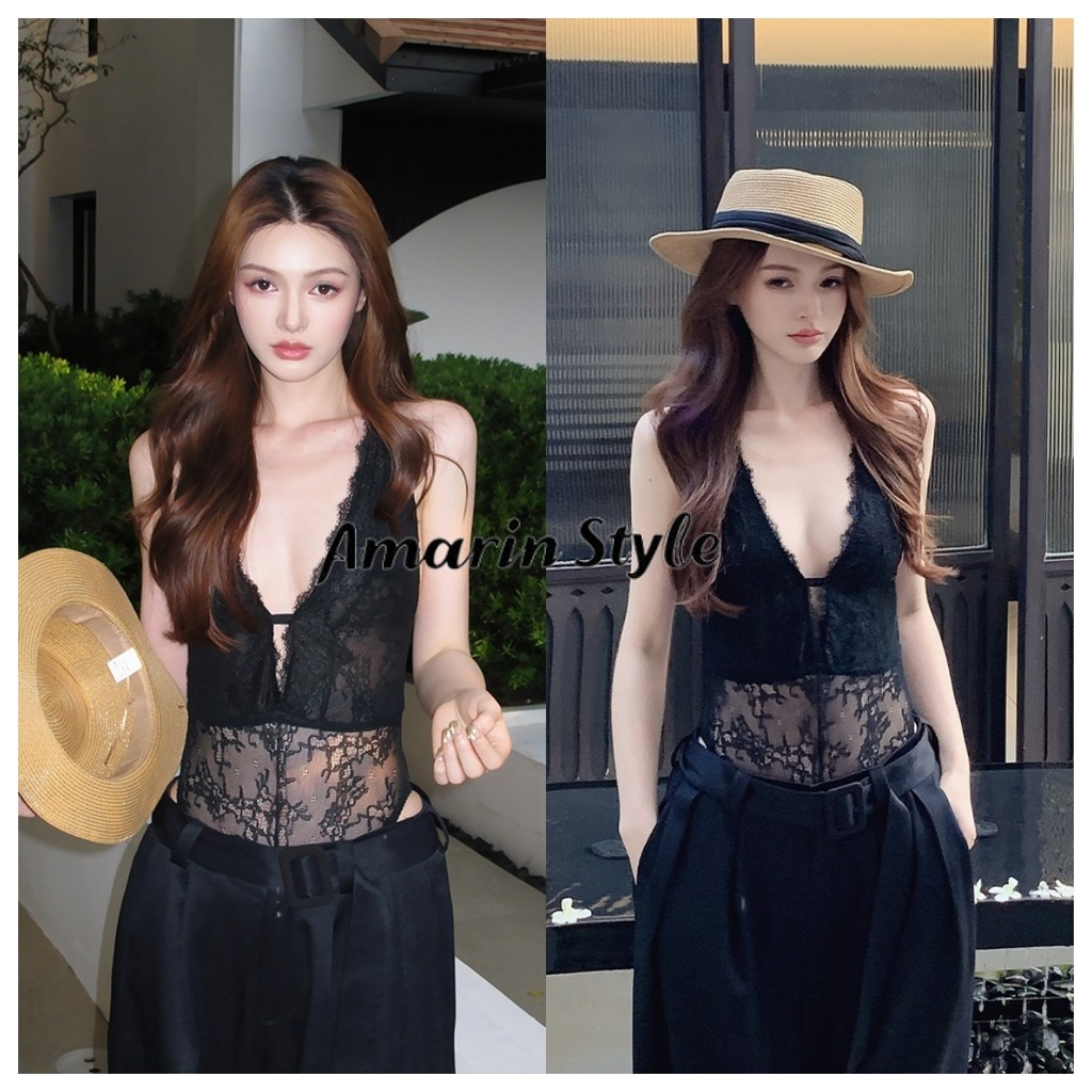 Amarin🌸พร้อมส่ง🌸 เสื้อบอดี้สูทสายเดี่ยวคอวี Crop Top ซีทรูผ้าลูกไม้ สวยเซ็กซี่ ไซส์ฟรี ใส่สบาย เนื้อนุ่มFY5138