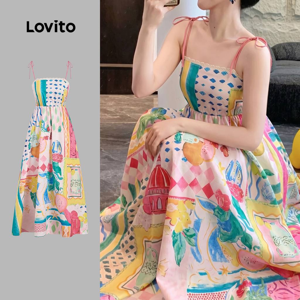 Lovito ชุดเดรสโบฮีเมียนคอระบาย ลายสําหรับฤดูใบไม้ผลิ/ฤดูร้อนสําหรับผู้หญิง LK6ED166