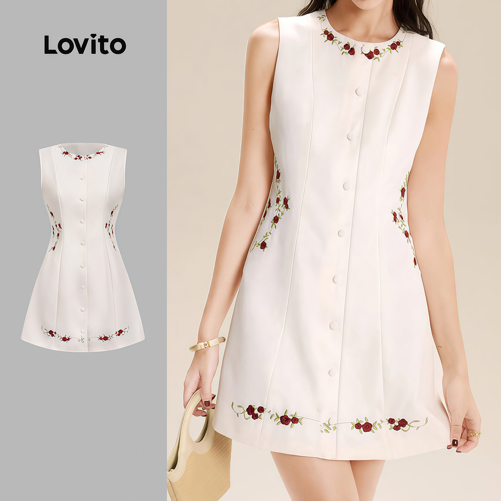 Lovito  แพทเทิร์นชุดเดรสลําลอง กระดุมหน้า ฤดูใบไม้ผลิ/ฤดูร้อน เดรสสีขาวสําหรับผู้หญิง LK3ED1648