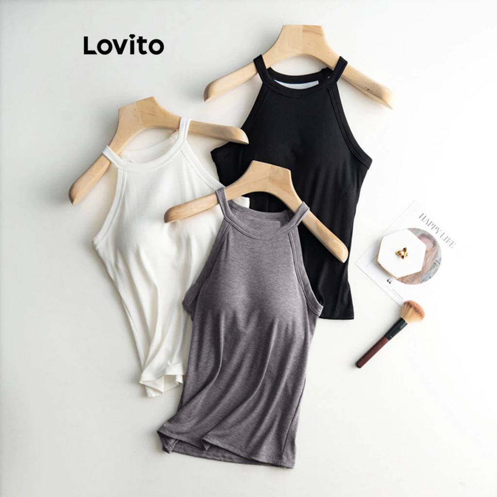Lovito เสื้อกล้ามเสริมหน้าอกแบบเรียบลำลองฤดูร้อน/ฤดูใบไม้ผลิสำหรับผู้หญิง LNL36137