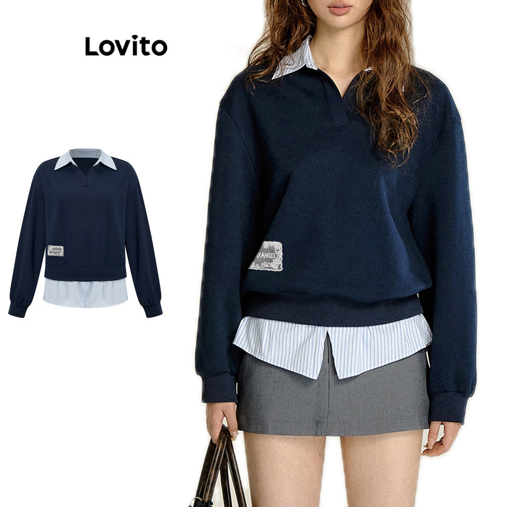Lovito เสื้อกันหนาวผู้หญิง แต่งสีปก แต่งลูกไม้ สไตล์เพร็พพี่ L102AD217