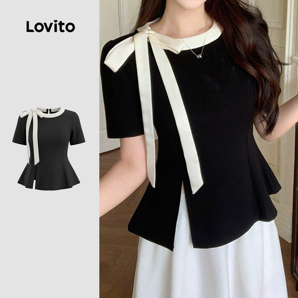 Lovito เสื้อเบลาส์ลูกไม้หรูหราผูกสีบล็อกฤดูใบไม้ผลิ/ฤดูร้อน สีดําขาวสําหรับผู้หญิง LK4LD2719